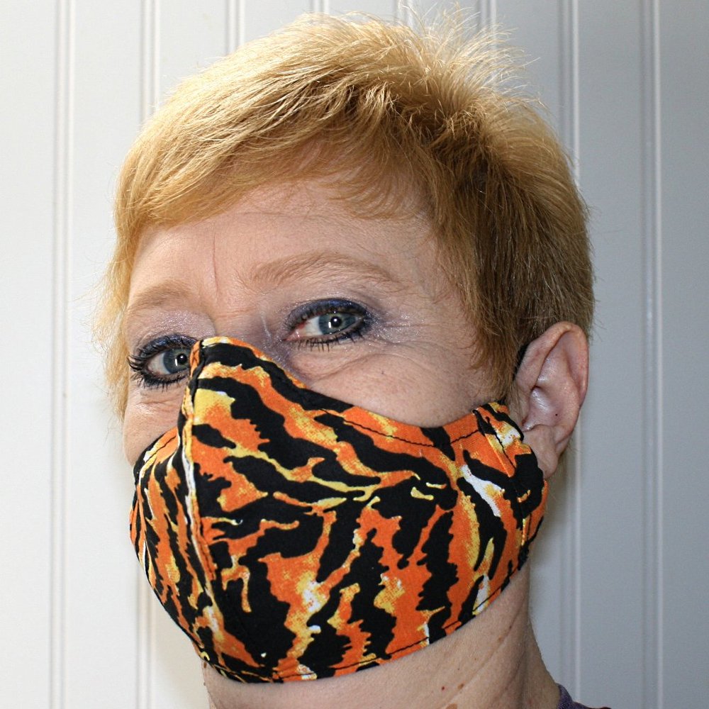 HAND CRAFTED Face Mask Tiger Animal Adult Cloth Fabric Print - Shield Style